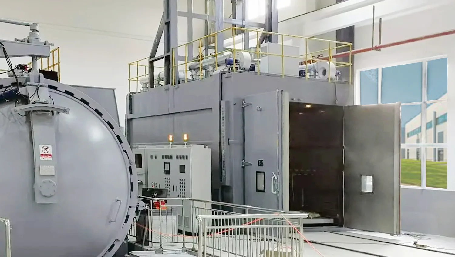 Large walk-in industrial curing oven with open chamber for manufacturing process heating