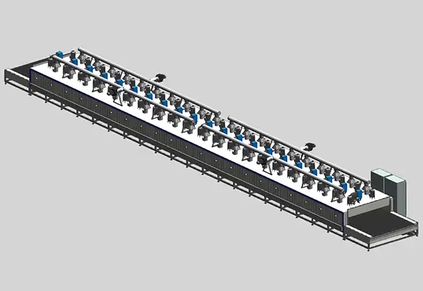 Continuous conveyor oven line layout for uninterrupted industrial drying, curing, and thermal conditioning