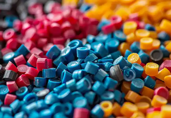 Colored plastic pellets and masterbatch used in plastics processing, where industrial ovens support resin drying and heat conditioning