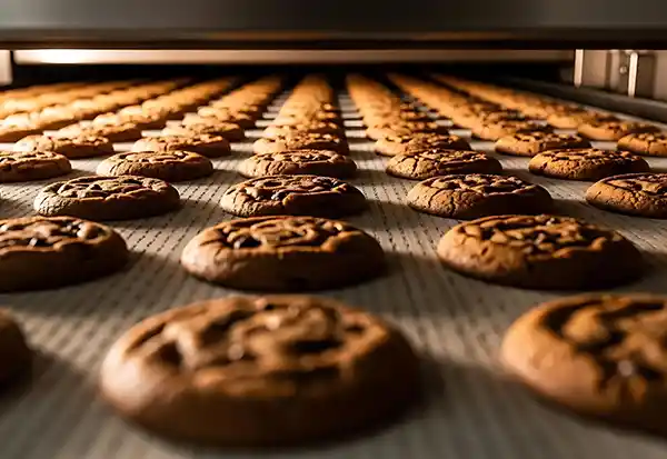 Cookies baking on a conveyor tunnel oven in industrial food processing production