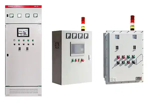 Industrial oven control panels with PLC interface and safety stack lights for temperature and alarm management