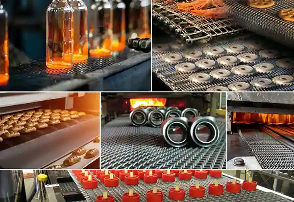 High-temperature conveyor belts carrying glass, food, and metal parts through industrial ovens