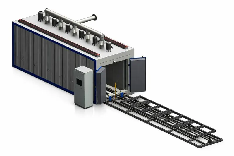 ZonHoo custom truck-in industrial oven with extended loading track for non-standard chamber size and line integration