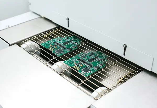 Conveyor oven heating PCBs for adhesive, coating, or potting cure in electronics manufacturing