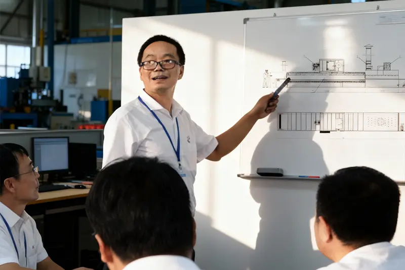 ZonHoo engineer presenting industrial oven layout to production team in factory meeting room