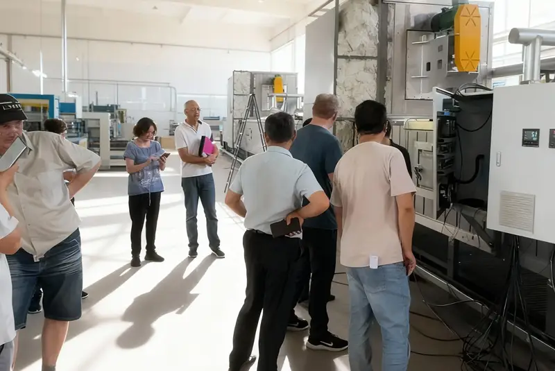 ZonHoo engineers guiding international customers on a factory tour of the industrial oven line