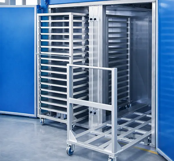 Batch curing oven load rack interface — customizable rack for optimized curing cycle