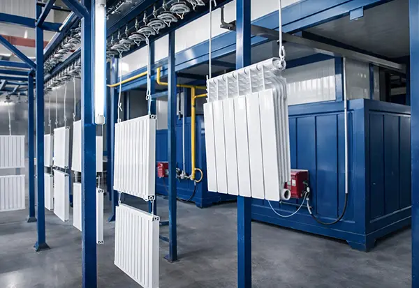 Conveyorized powder curing oven with overhead hang line for continuous curing at steady line speed