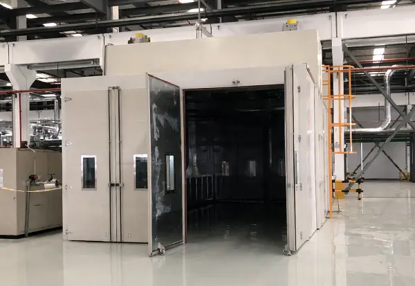 Walk-in powder curing oven with large chamber and double doors for rack-loaded curing batches