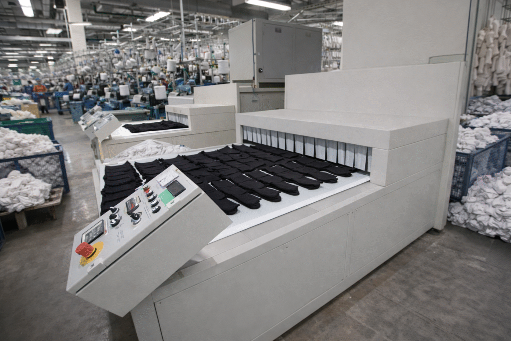 Industrial conveyor oven loading end with roller conveyor and operator control panel