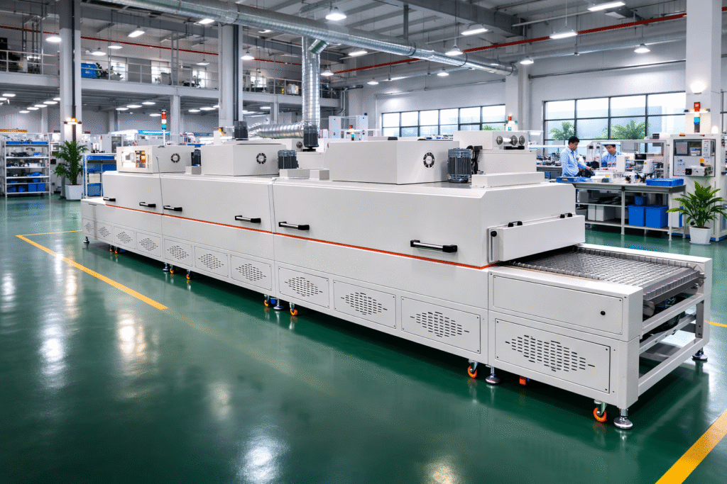 Long industrial conveyor oven line in factory workshop for high-throughput production