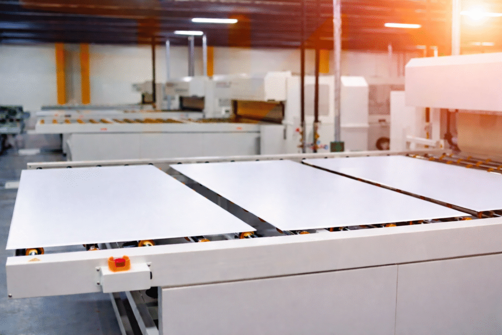 Coated, printed, or decorative glass panels undergoing controlled thermal processing in production