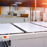 Coated, printed, or decorative glass panels undergoing controlled thermal processing in production