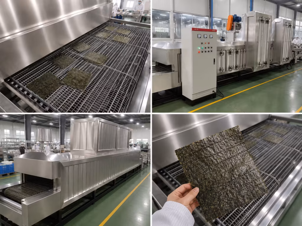 Close-up view of a stainless steel mesh belt inside an industrial conveyor oven