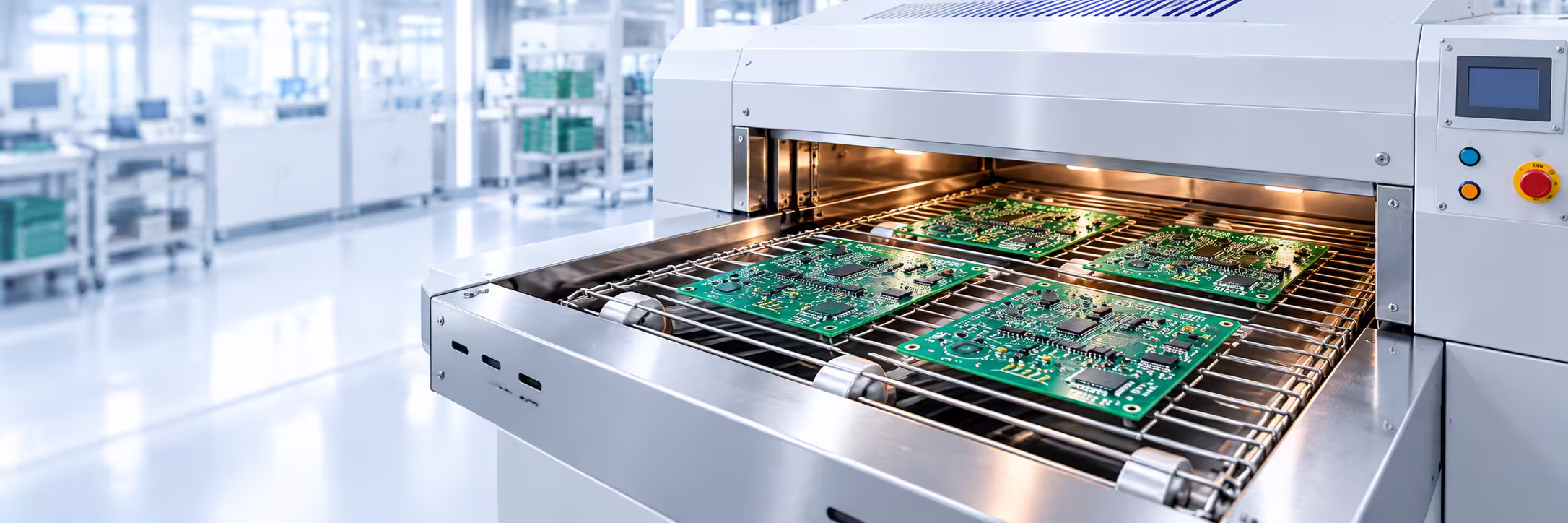 Industrial PCB baking oven in a modern electronics factory