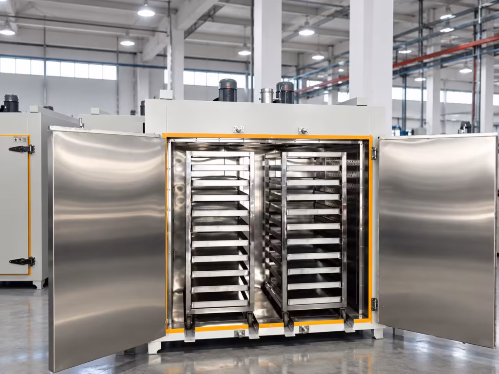Industrial powder drying oven with two stainless steel rack carts