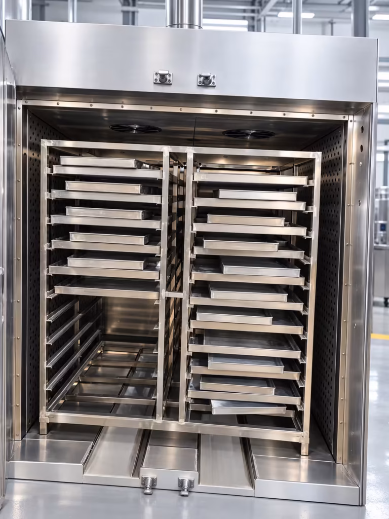 Stainless steel tray rack system inside an industrial powder drying oven